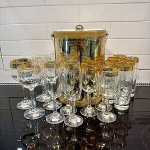 ✨‎ Vintage Culver 22K Gold Barware Set w/ Ice Bucket – 17 Pc Mid-Century Modern